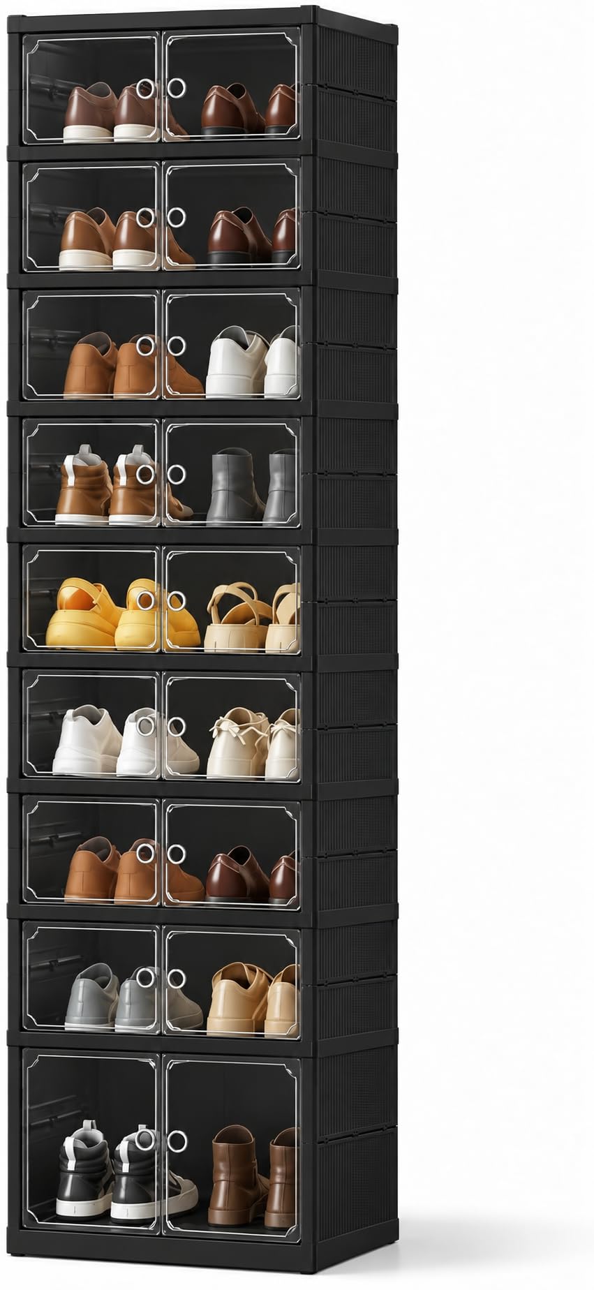 UFORU 9-Tier Black Foldable Shoe Rack,18-Pair Organizer with Magnetic Doors