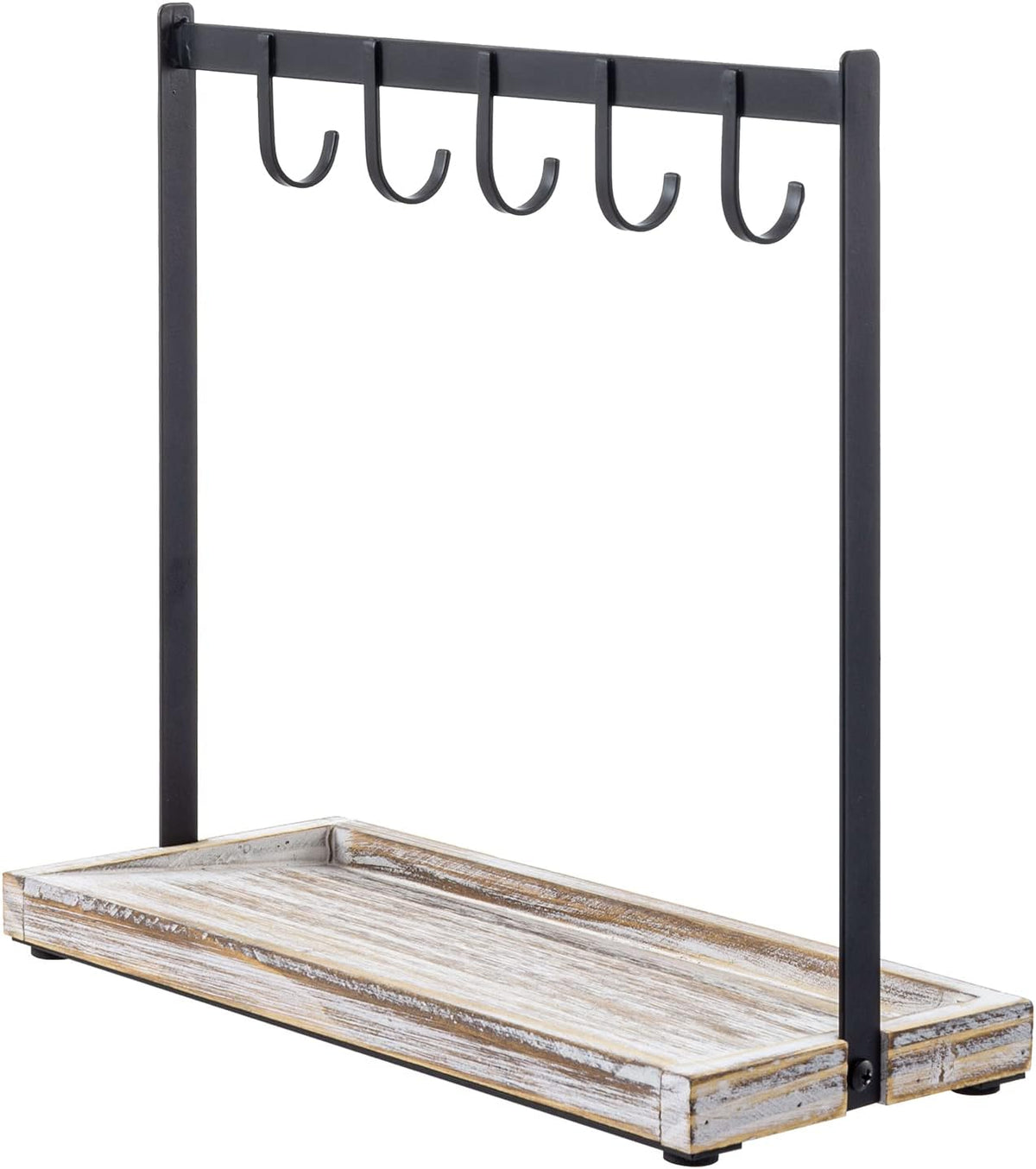 MyGift Entryway Black Metal Key Holder with 5 Hooks & Whitewashed Wood Base