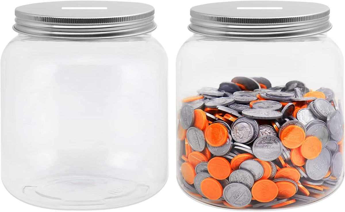 2-Pack Big Clear Plastic Coin Bank with Silver Slotted Lid, Large Plastic Coins Piggy Money Change Clear Bank Jar for Adults Teens Kids