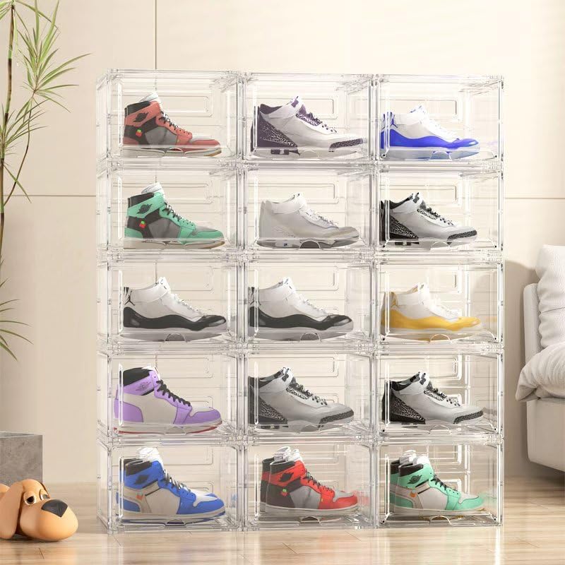Transparent plastic shoe box, stackable storage box, with flip-up front door, 4-piece set, suitable for organizing shoes on closet shelves
