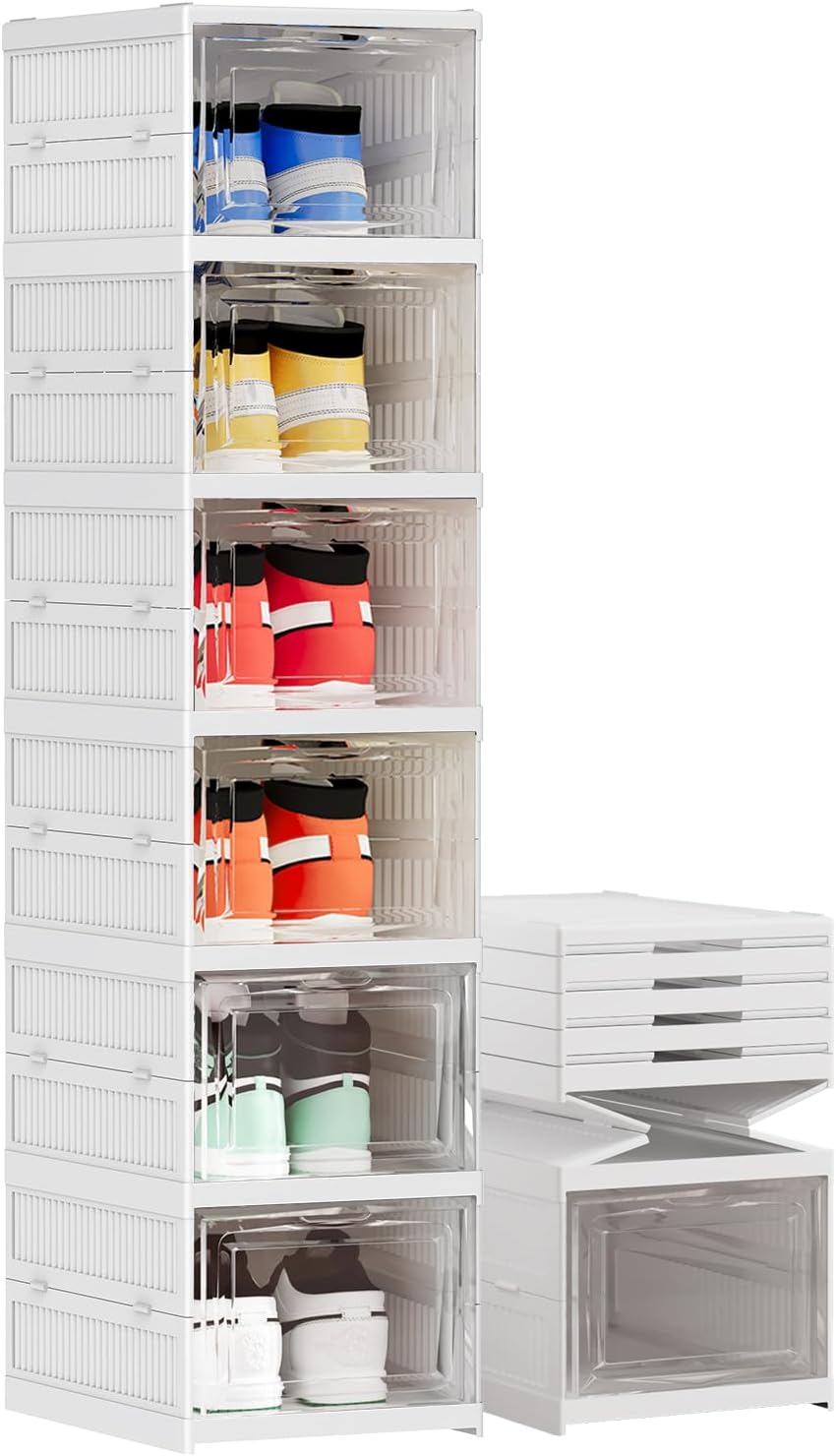 Shoe Storage Organizer Box 6-Tier Foldable Collapsible Stackable Shoe Rack Bins, Fit Size 12, No Assembly, for Men and Women