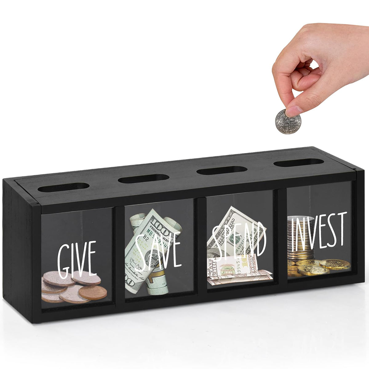 2 Pcs Piggy Bank for Kids Girls Boys, Wooden Give Save Spend Bank for Money Saving Box, Rustic Coin Banks for Adults, Change Coin Jar for Piggy Bank Toy, Early Ideas for Kids