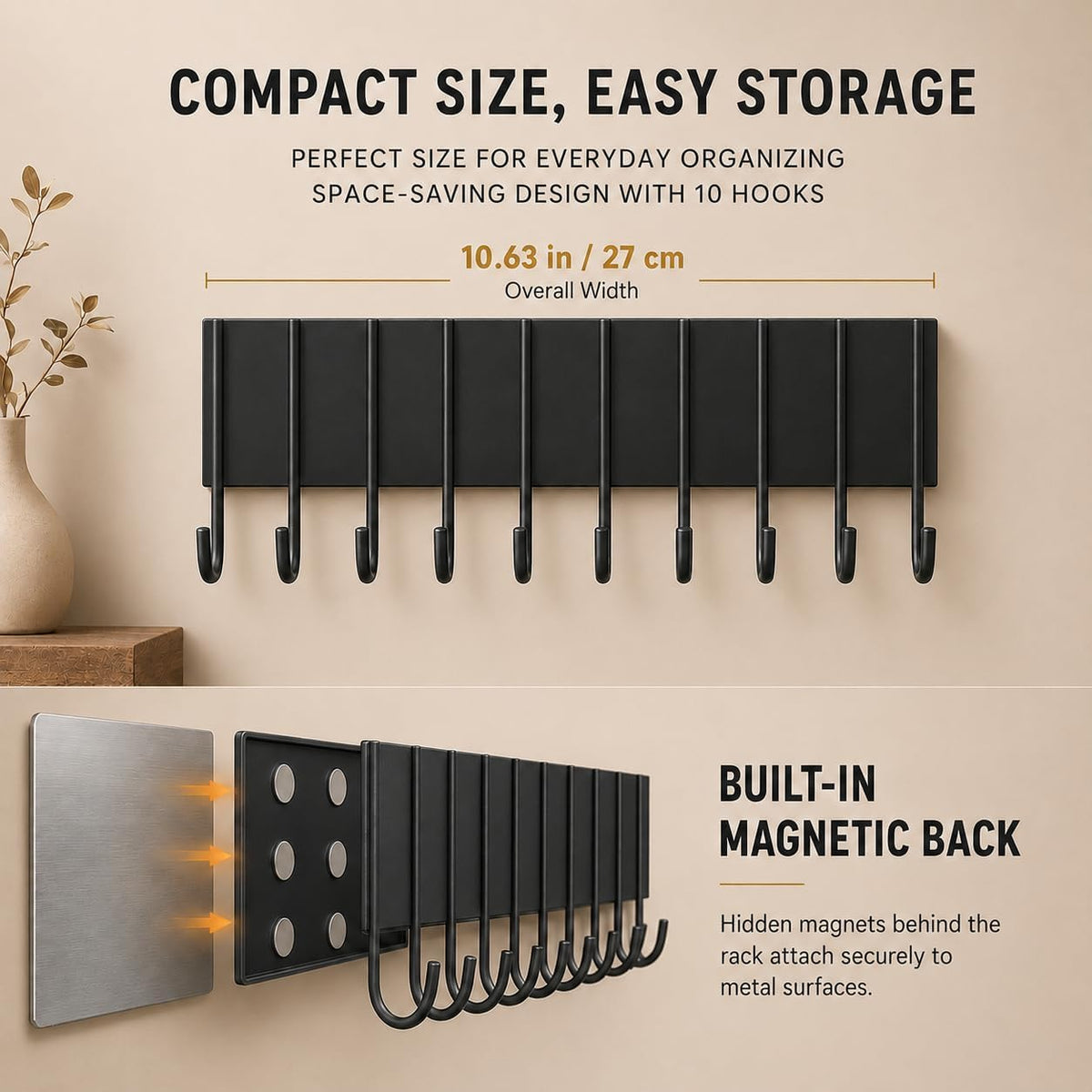Magnetic Key Holder For Fridge With 10 Hooks, Magnetic Utensil Holder For Wall, Strong Magnetic Key Hanger Hooks Organizer, Magnent Key Rack For Kitchen Metal Door Garage Grill Tools Coat Towel Purse