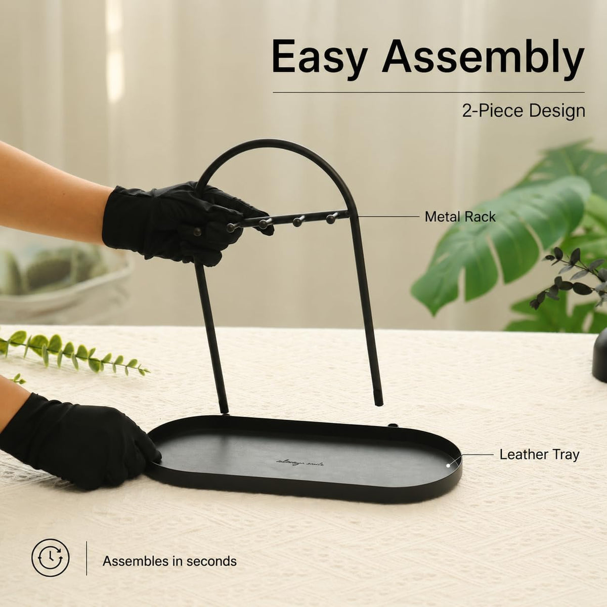Shinpuru Key Holder Tray, Metal Stand with Leather Tray, 5 Hooks(Black)