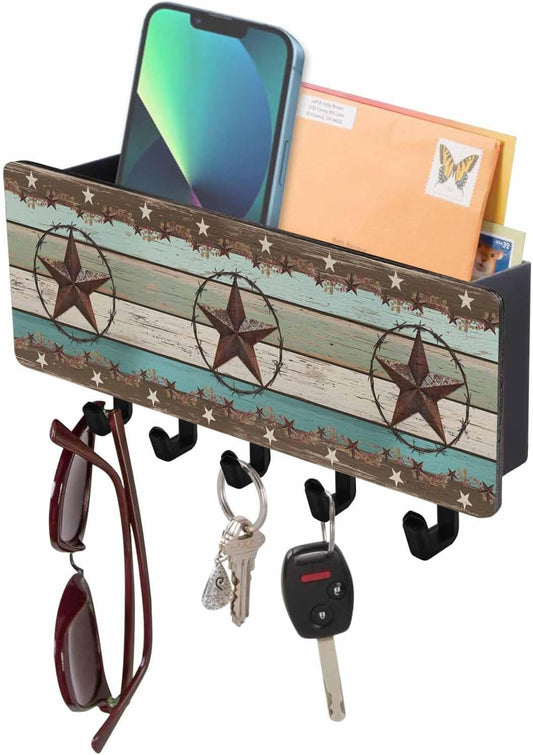 West Texas Star Rustic Key Holder Wall Mount,Teal Green Wood Plank Black Hanging Mail Organizer with 5 Key Hooks Wall Decorative,Adhesive Key Rack with Shelf for Hallway Kitchen Entryway Decor