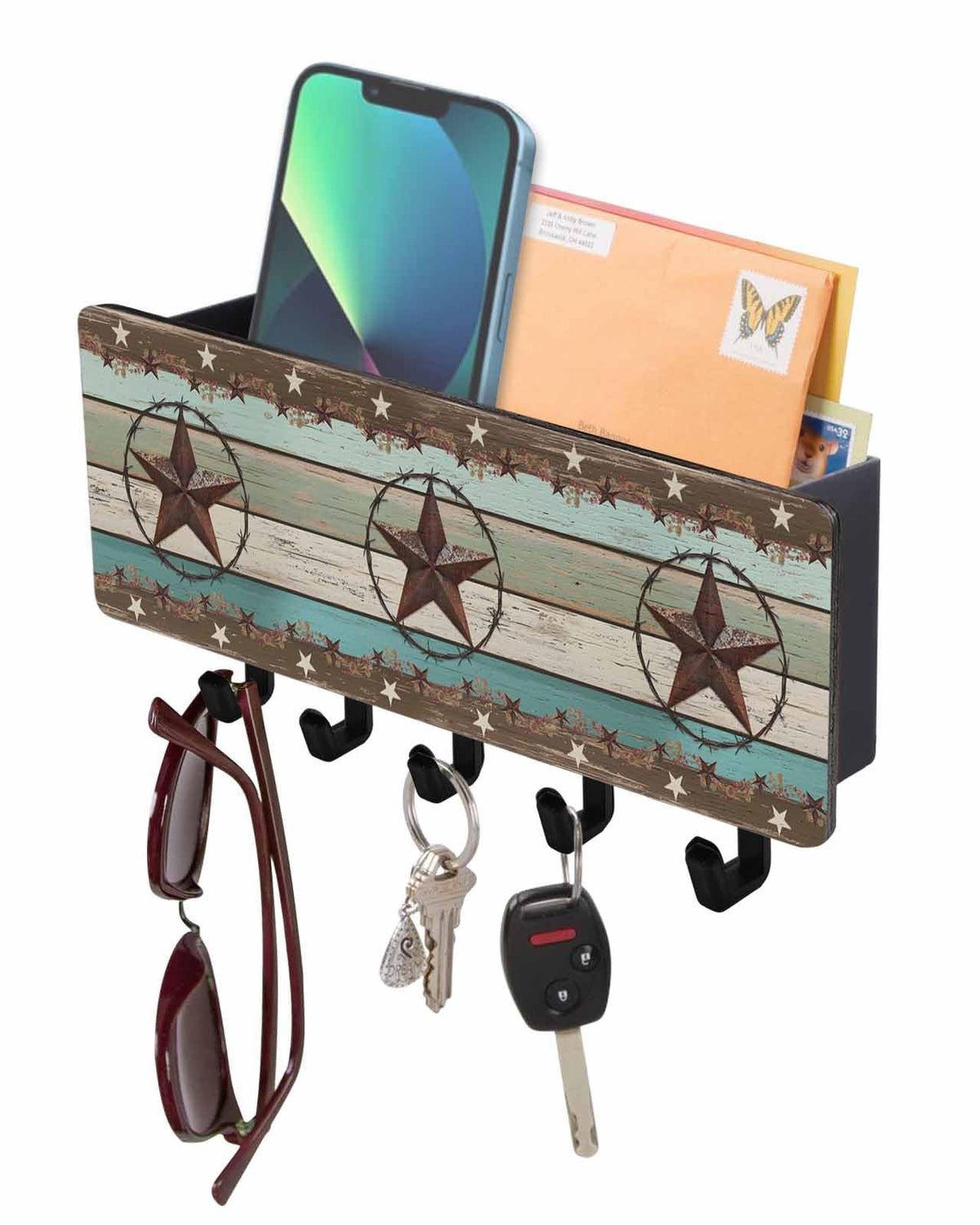 West Texas Star Rustic Key Holder Wall Mount,Teal Green Wood Plank Black Hanging Mail Organizer with 5 Key Hooks Wall Decorative,Adhesive Key Rack with Shelf for Hallway Kitchen Entryway Decor