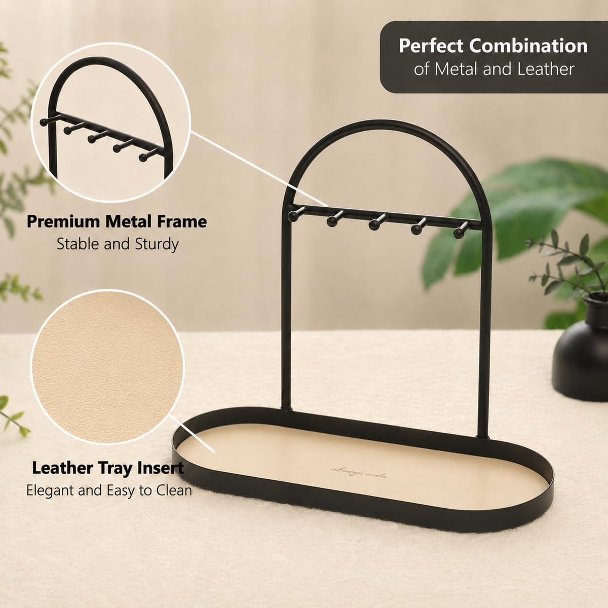 Shinpuru Key Holder Tray, Metal Stand with Leather Tray, 5 Hooks (Cream)