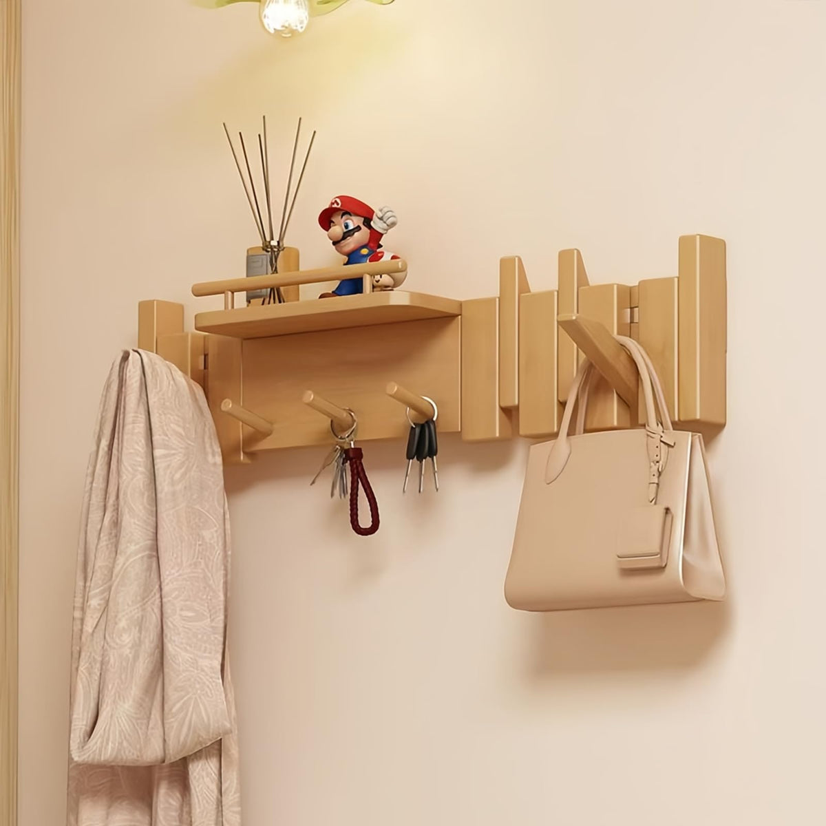 Paint Wood Wall Mounted Coat RackHooks Piano Key Hangers Natural Solid Wood Hanger Non-Woven Fabric Clothes Hangers for Closet, Kitchen, Bedroom, Bathroom, Entryway (Walnut-Beech, 8 Hooks)