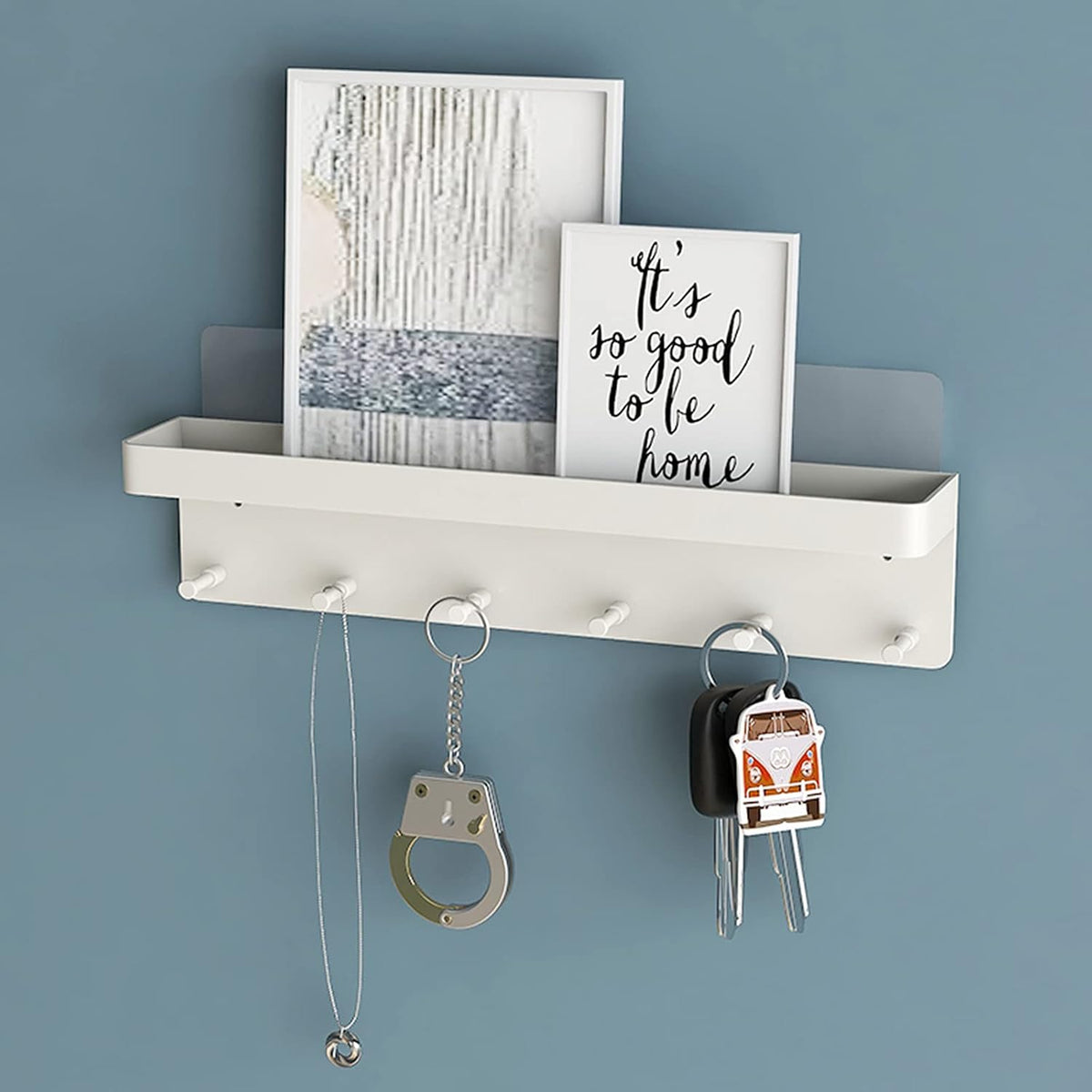 MKO Key Holder Wall Mount, Adhesive Key Hanger with 6 Hooks for Wall, White