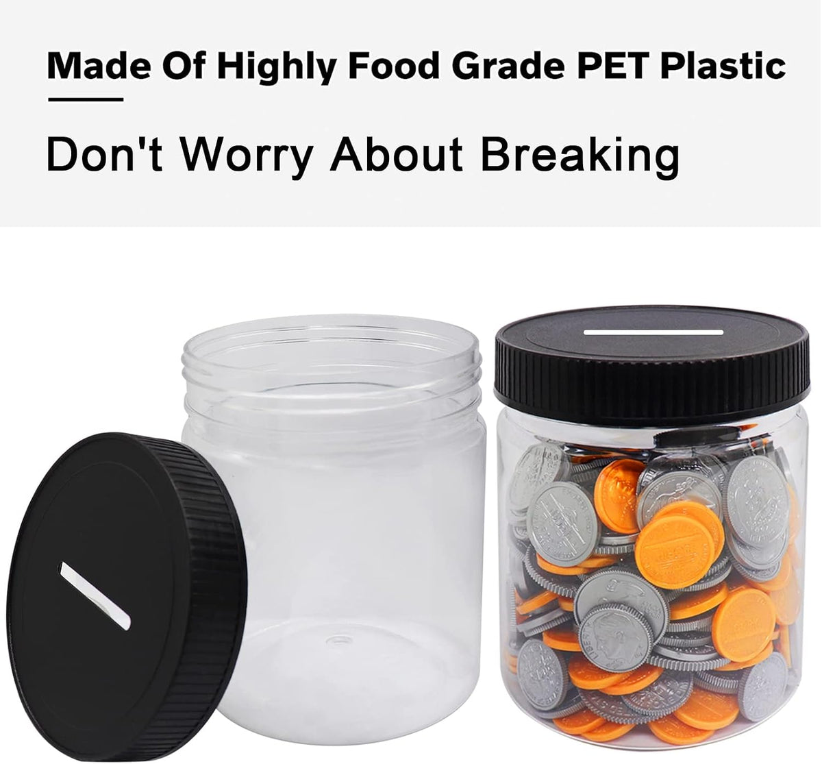 Small Coin Bank 4-Pack, 16oz Clear Plastic Money Jars With Black Slotted Lids, Transparent Piggy Banks for Adults, Teens, Kids, Girls, Boys