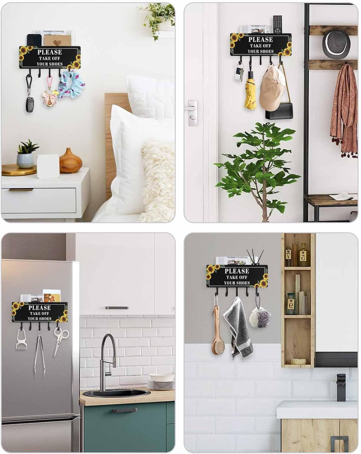 Funny Black Key Holder Wall Mount,Sunflower Leaf Take Off Your Shoes Black Hanging Mail Organizer with 5 Key Hooks Wall Decorative,Adhesive Key Rack with Shelf for Hallway Kitchen Farmhouse Entryway