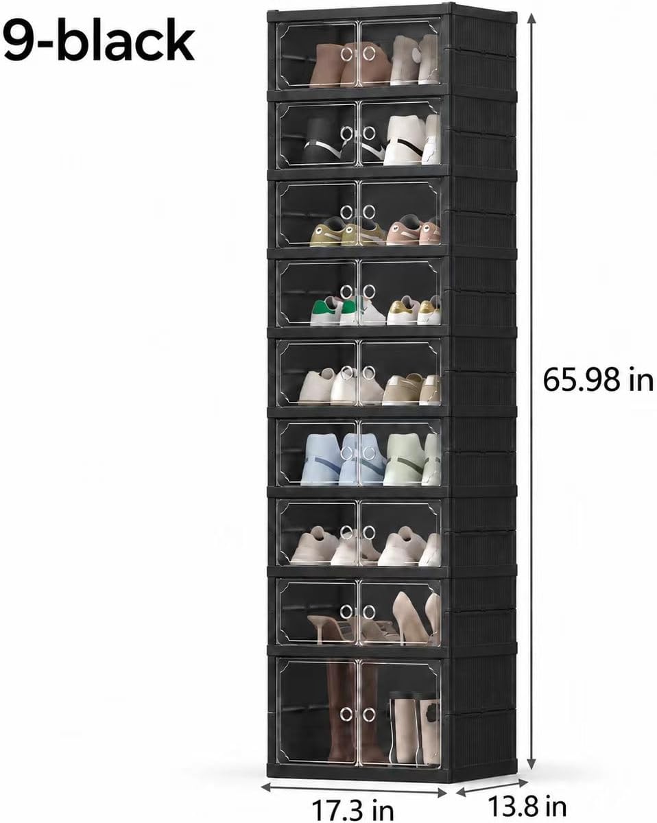 UFORU 9-Tier Black Foldable Shoe Rack,18-Pair Organizer with Magnetic Doors