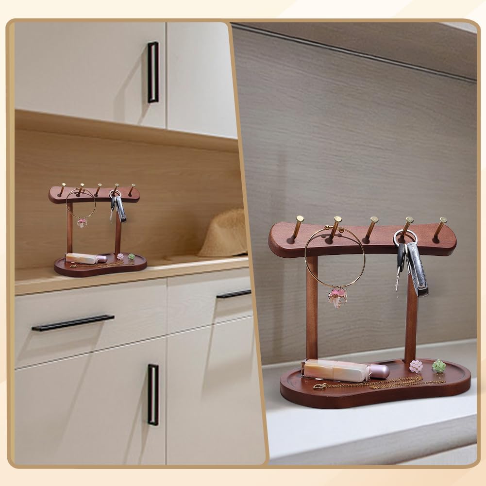 1Pcs Wooden Key Holder with Tray Wood Key Stand Holder Tray Wooden Keys Holders with 5 Hooks Entryway Table Keys Stand Tabletop Necklace and Jewelry Organizer for Home Office