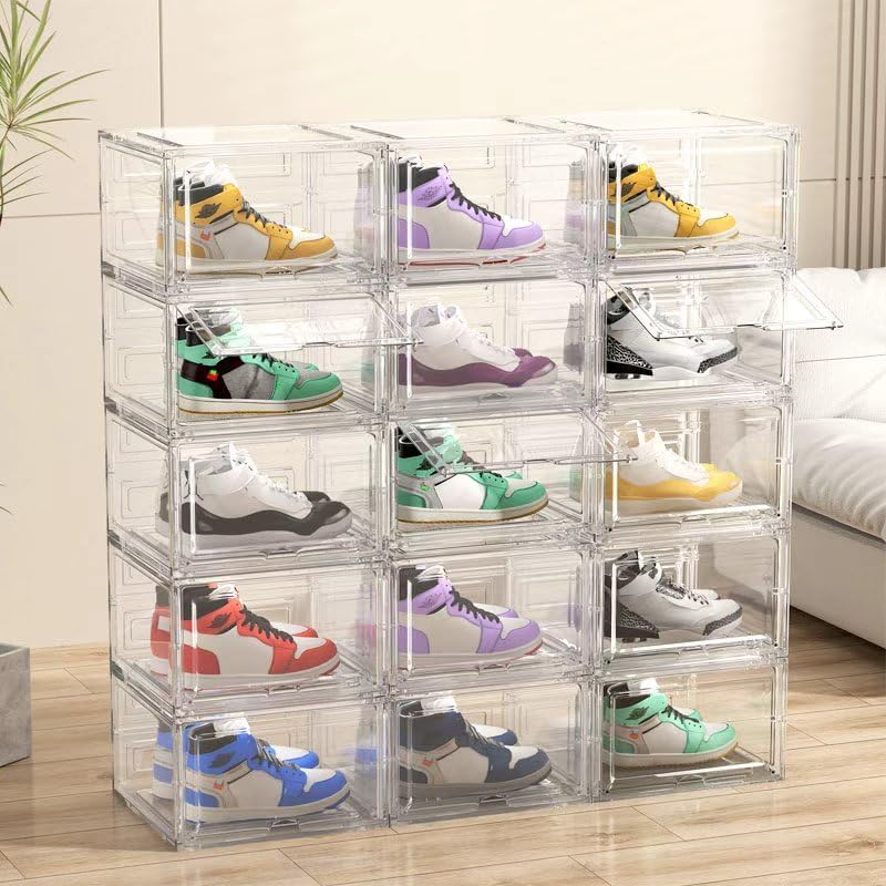 Transparent plastic shoe box, stackable storage box, with flip-up front door, 4-piece set, suitable for organizing shoes on closet shelves