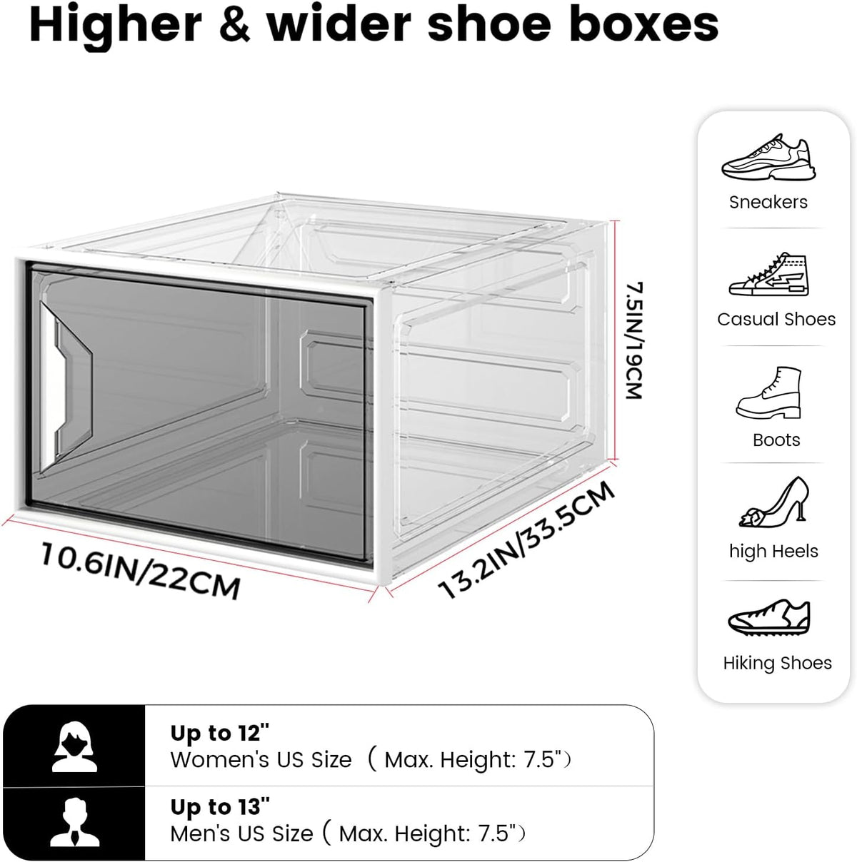 6 Pack Shoe Storage Box Organizer, Clear Thicken Stackable Plastic Shoe Boxes with Magnetic Door, Sturdy Shoe Containers for Sneakers Boots, Easy to Assemble, Fit up to US Size 12(13.2"×10.6"×7.5")