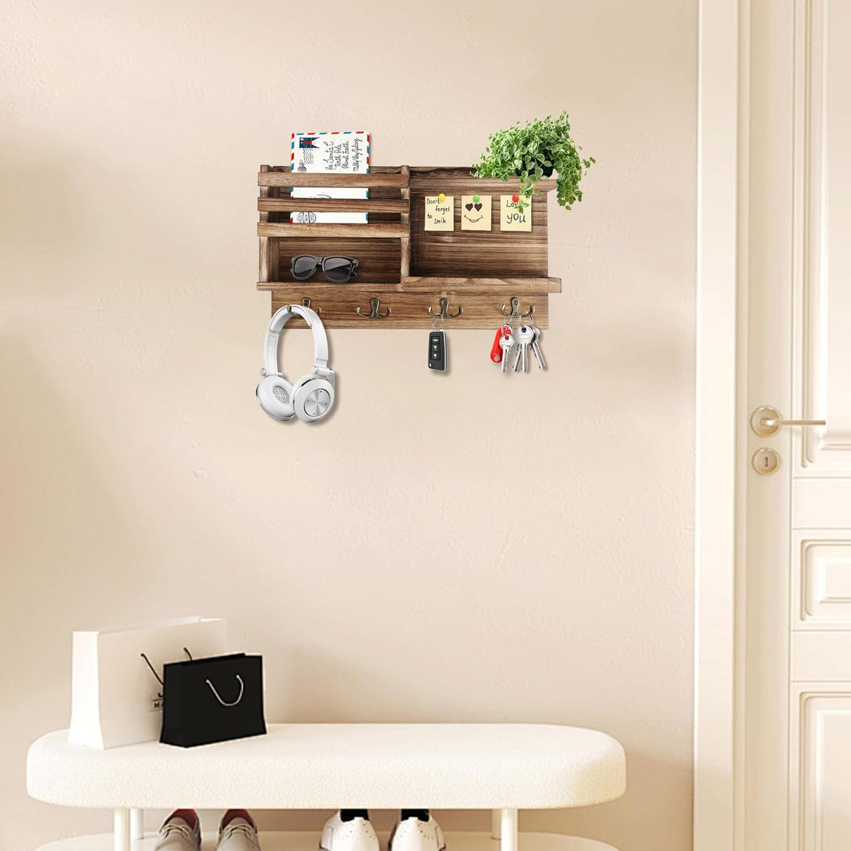 Key Holder Wall Mount, Wood Key and Mail Organizer for Wall, Burnt Brown