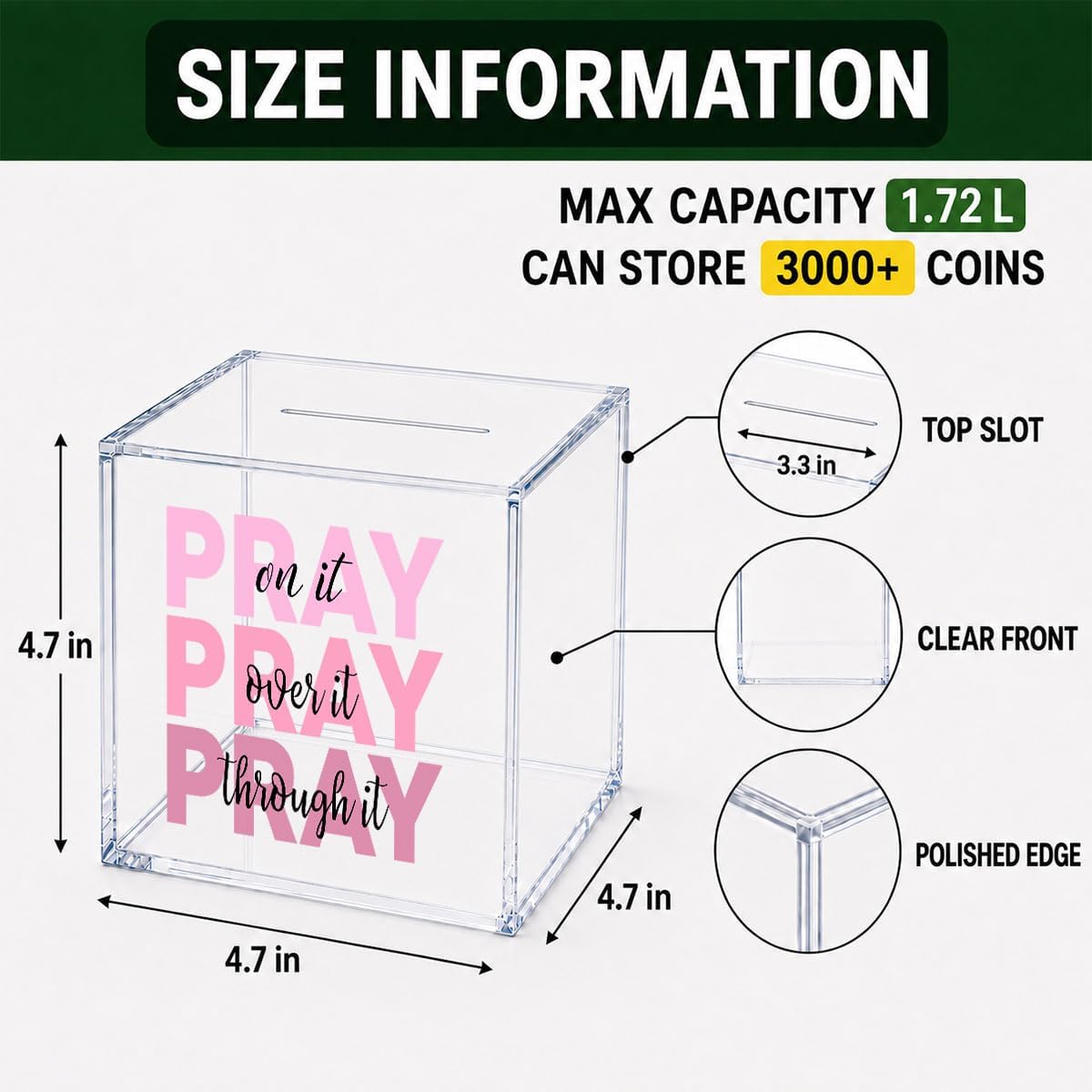 Pray On It Over It Through It Clear Acrylic Piggy Bank Inspirational