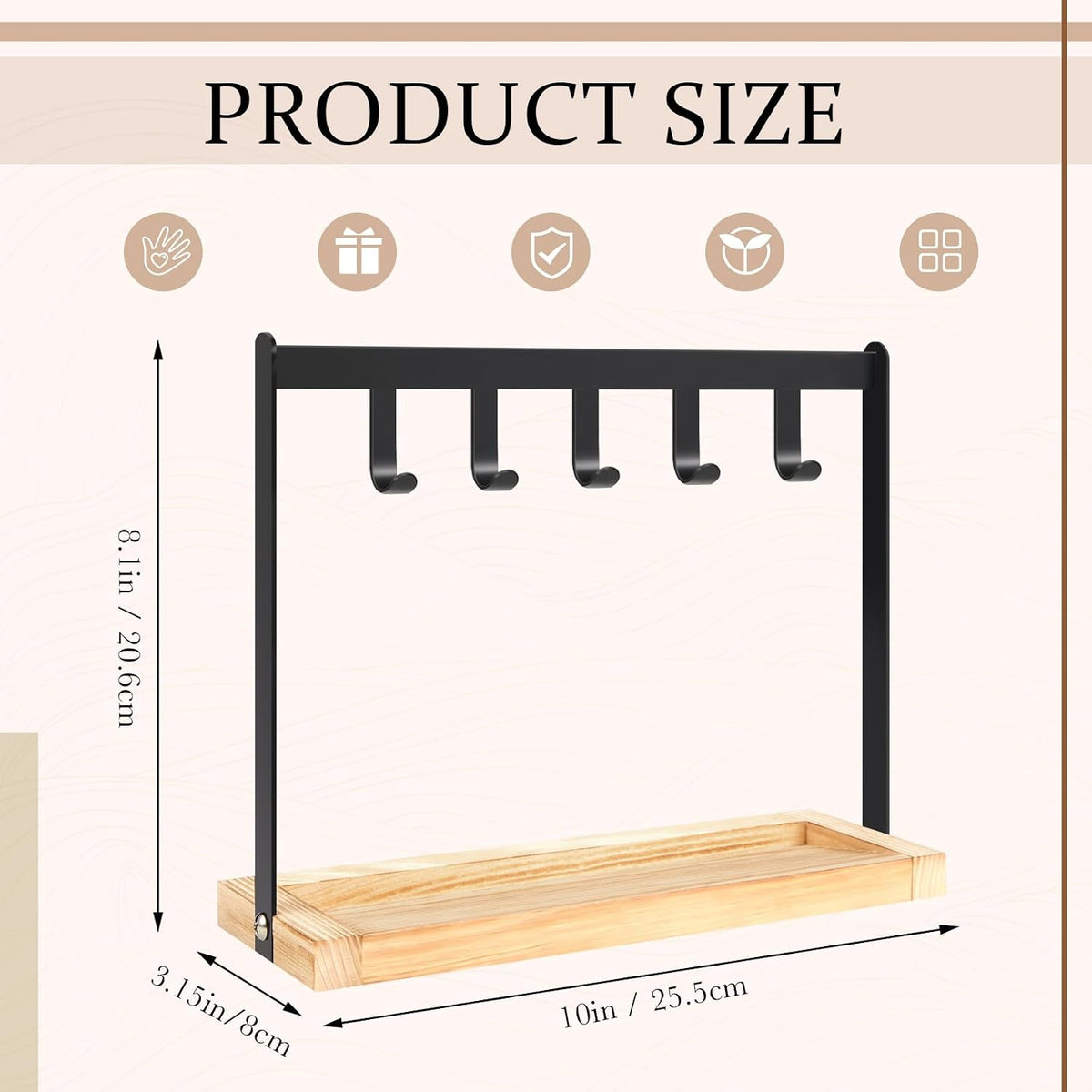 Wonderjune 1 Pcs Key Holder for Entryway Table with 5 Hooks and Burnt Wood Base 10 x 3.2 x 8.1 Inch Jewelry Organizer Bowl Rack Rustic Tray for Keys Bracelets Rings Watches Going out Supplies