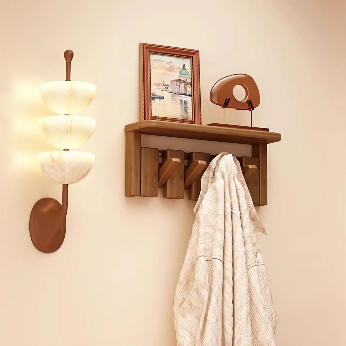 Paint Wood Wall Mounted Coat RackHooks Piano Key Hangers Natural Solid Wood Hanger Non-Woven Fabric Clothes Hangers for Closet, Kitchen, Bedroom, Bathroom, Entryway (Walnut-Beech, 8 Hooks)