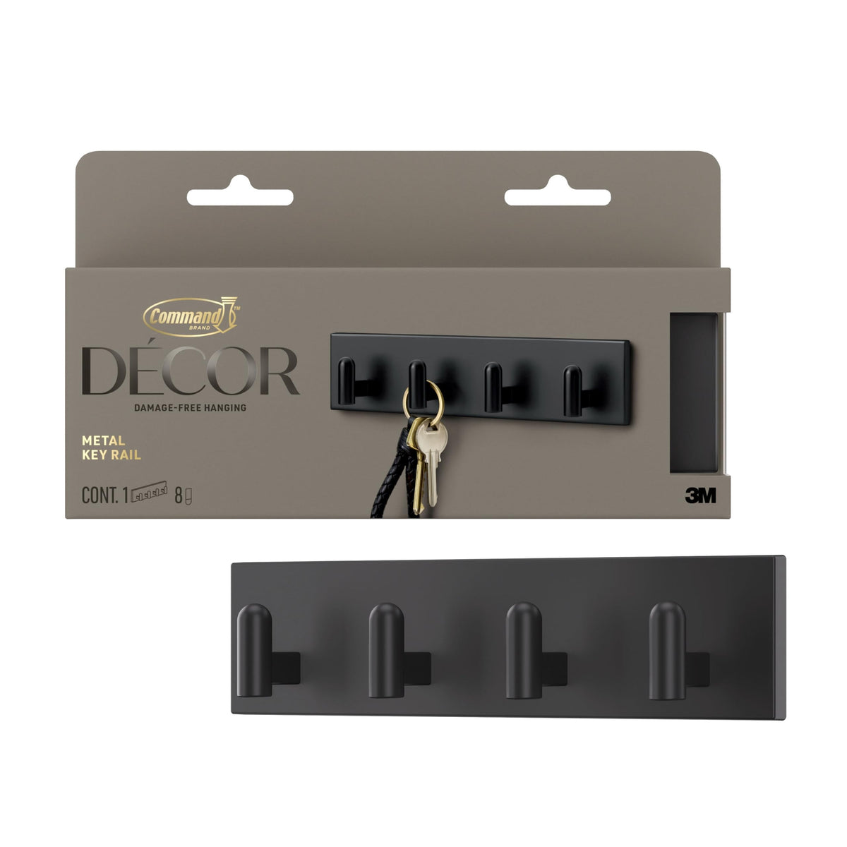 Command Decor Metal Key Rail, Matte Black, 1 Hook Rail, 8 Small Strips