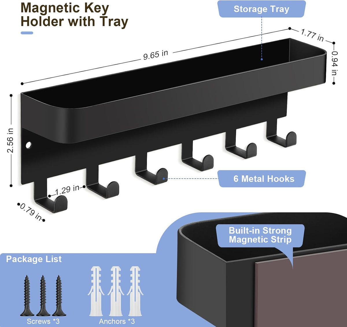 RELBRO Magnetic Key Holder for Fridge, Key Rack with Shelf, Black