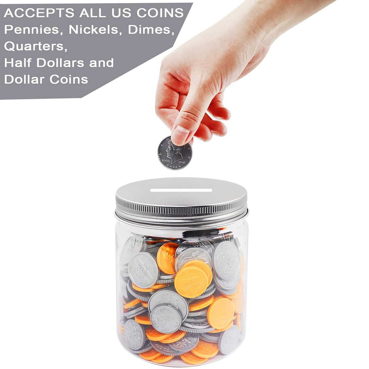 Small Coin Bank Jars 4-Pack, 16oz Clear Plastic Coin Money Tip Coin Jars with Silver Slotted Lids, Small Transparent Plastic Coin Money Piggy Banks Jars for Adults Teens Kids Girls Boy, Silver