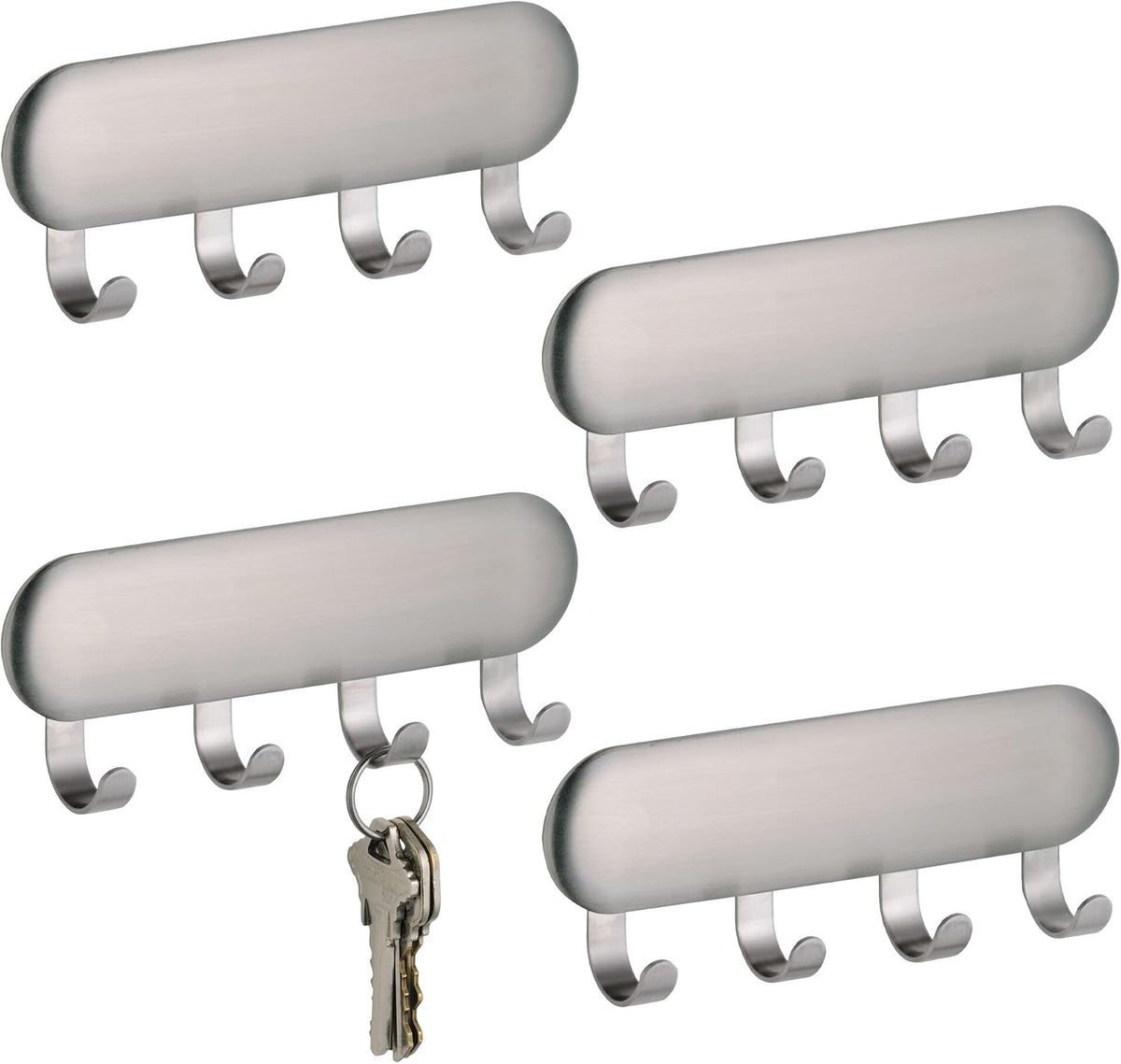 iDesign Forma Self-Adhesive Key Rack Organizer for Entryway, Kitchen - 4 Hooks, Stainless Steel