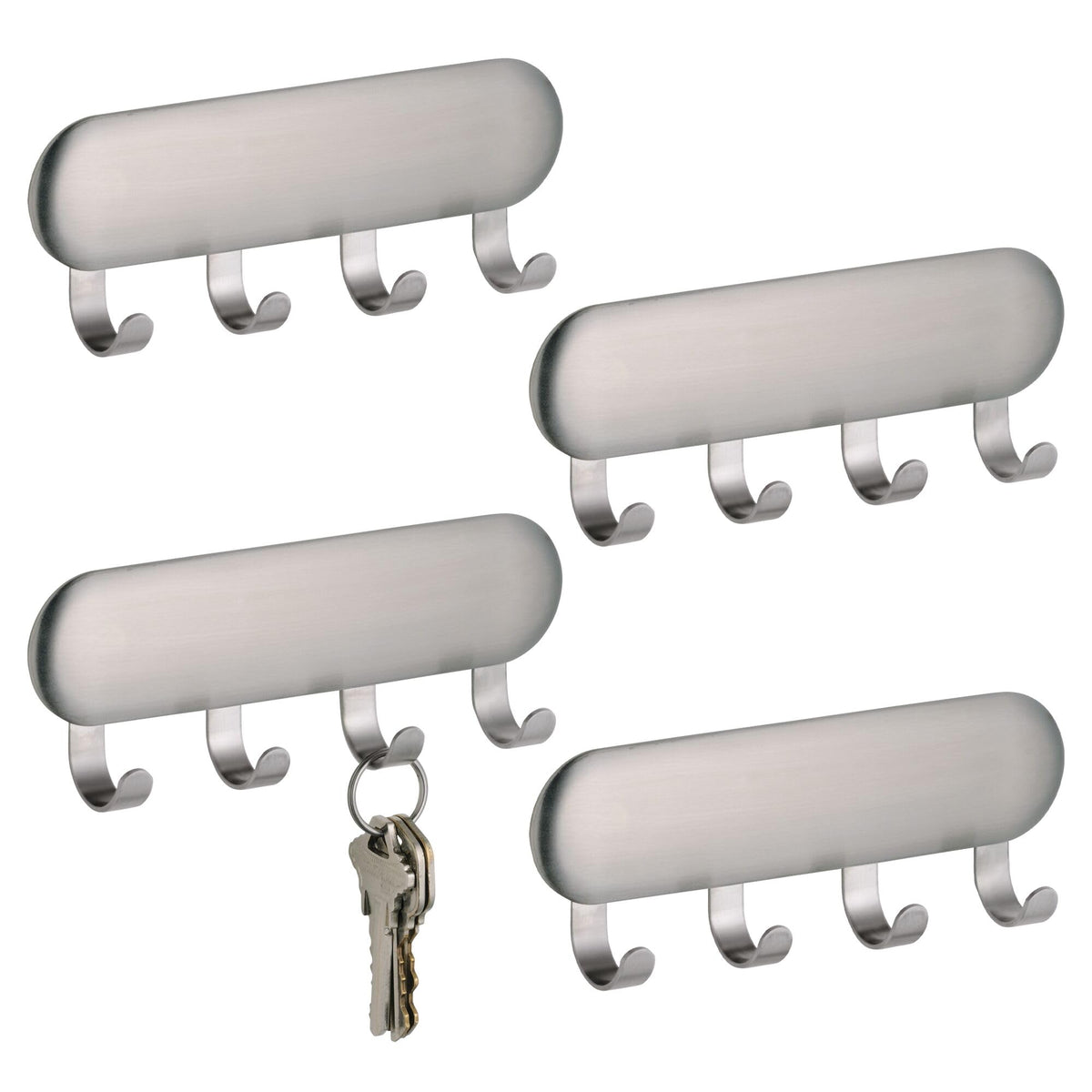 iDesign Forma Self-Adhesive Key Rack Organizer for Entryway, Kitchen - 4 Hooks, Stainless Steel
