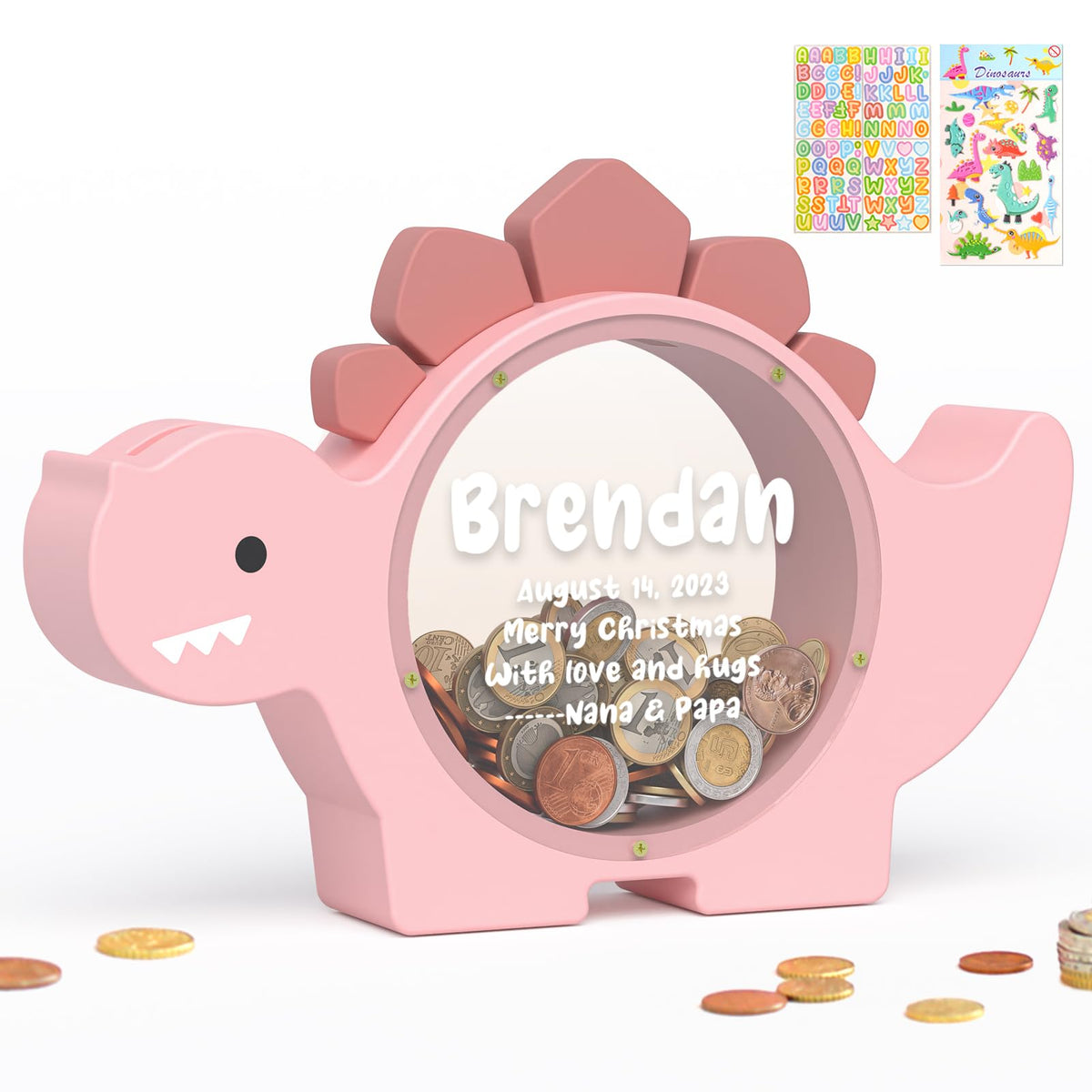 Summidate Wooden Dinosaur Piggy Bank, Large Clear Money Bank for Kids Boys