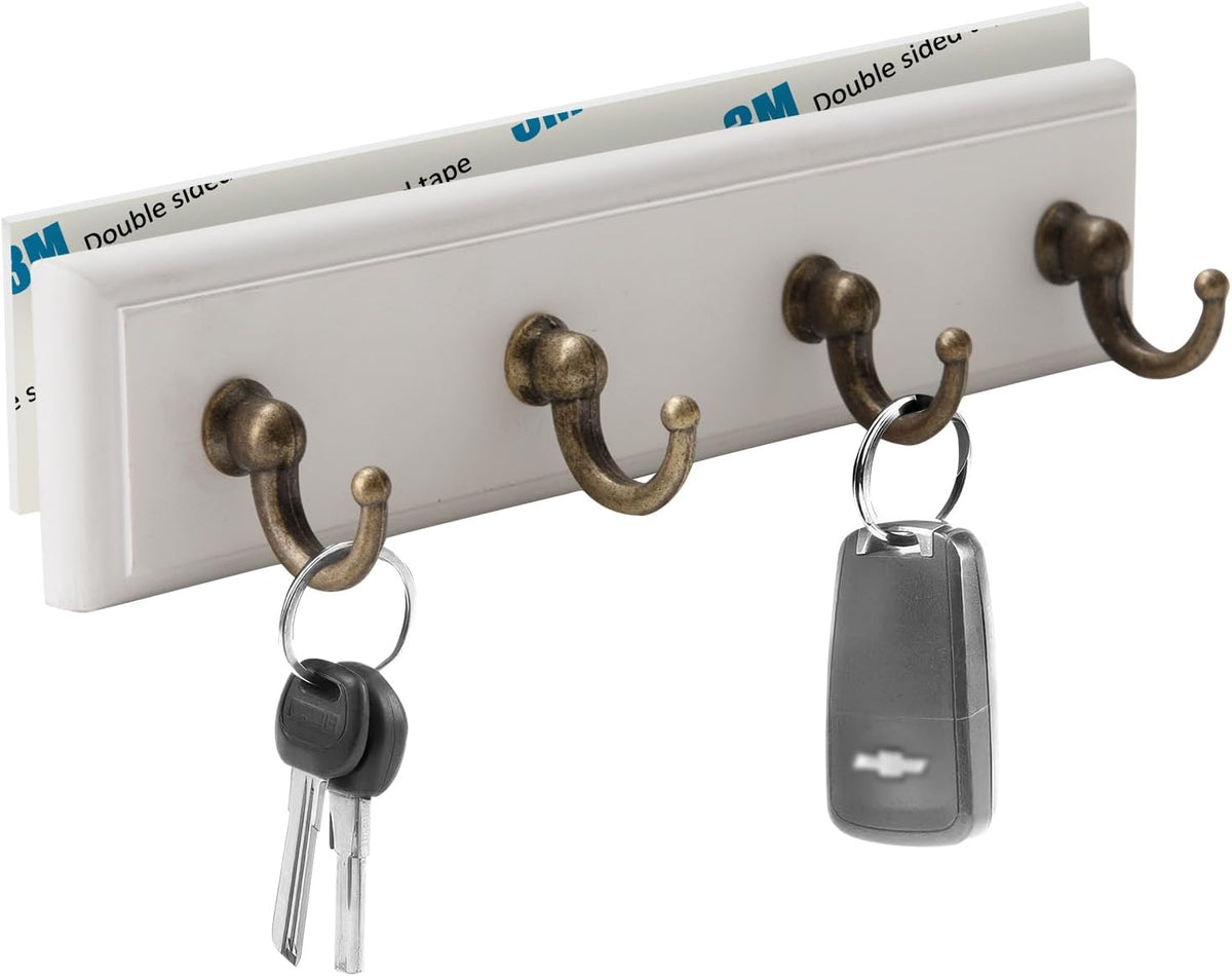 Key Holder for Wall Adhesive, No Damage Small Key Rack with 4 Hooks for Camper, RV or Office, Wooden