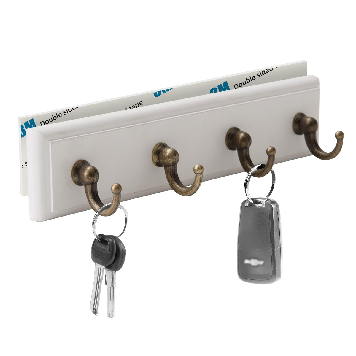 Key Holder for Wall Adhesive, No Damage Small Key Rack with 4 Hooks for Camper, RV or Office, Wooden