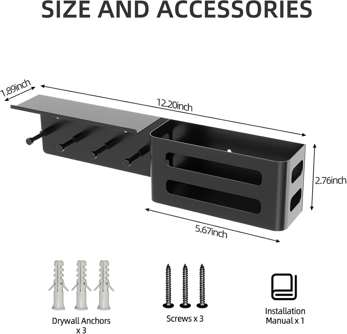 MKO Key Holder Wall Mount, Adhesive Key Hanger with 4 Hooks for Wall, Black