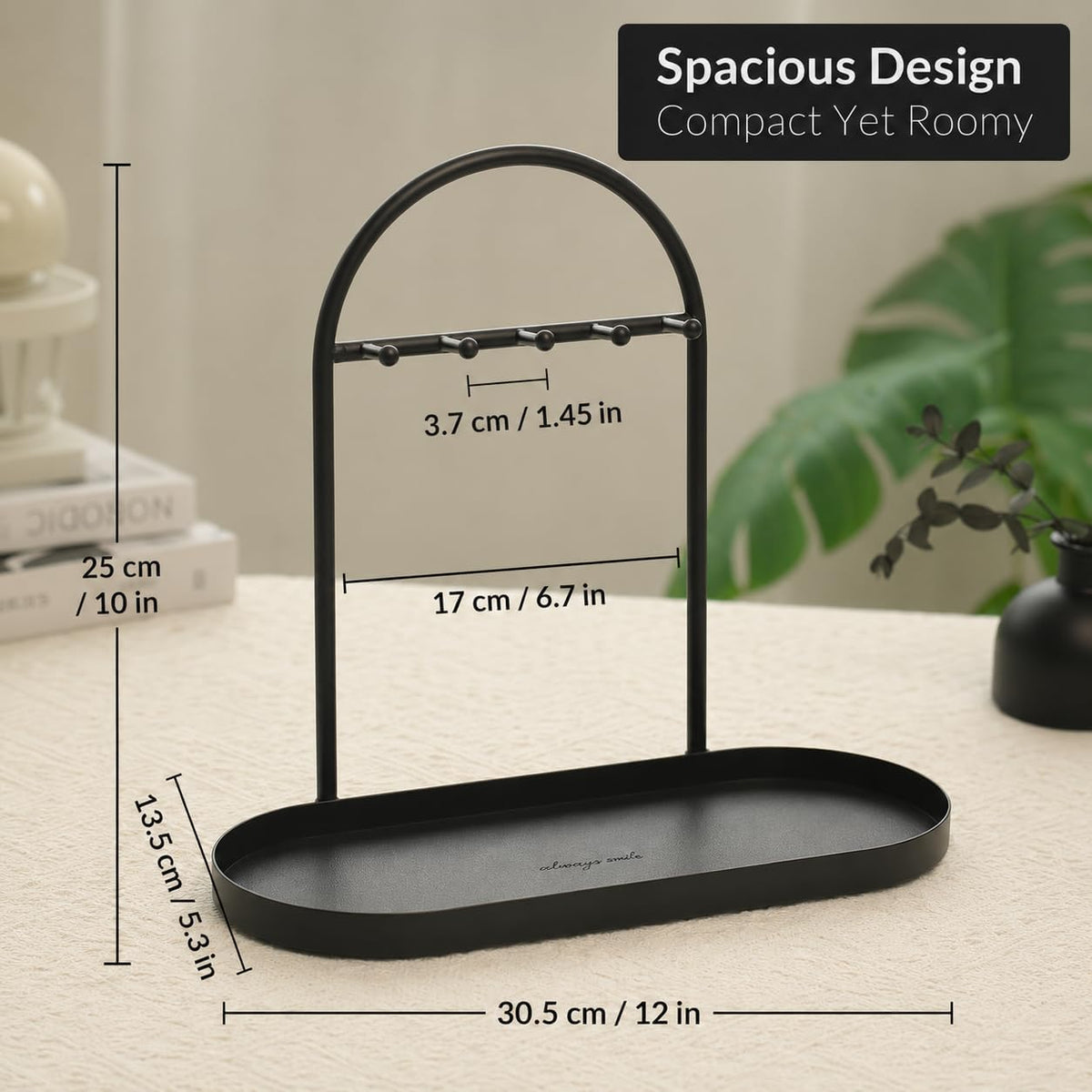 Shinpuru Key Holder Tray, Metal Stand with Leather Tray, 5 Hooks(Black)