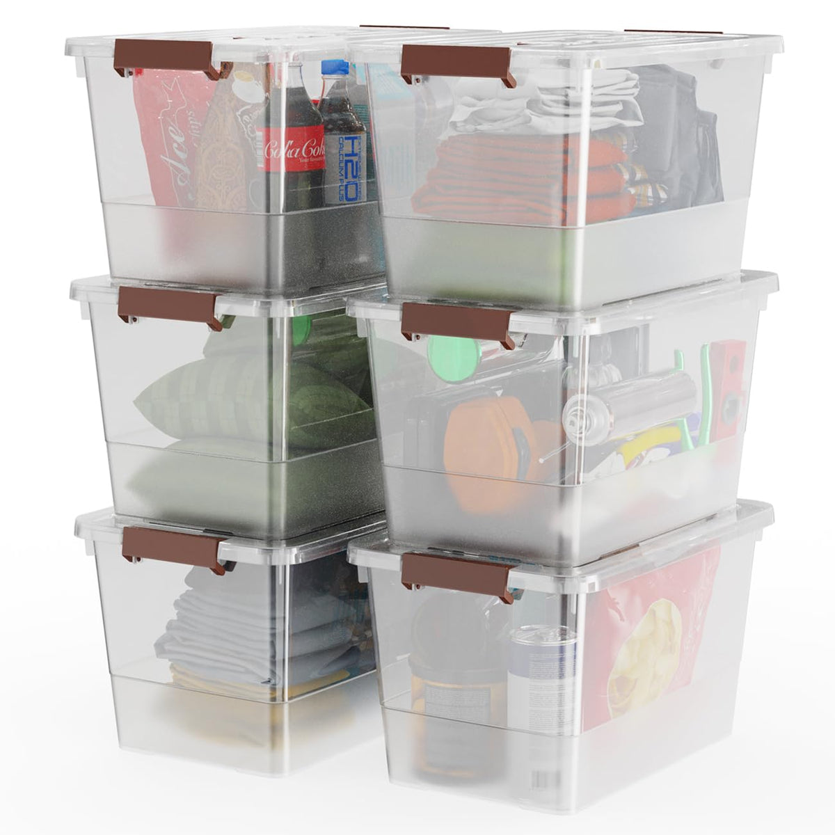 WYT 6-Pack Clear 7 Quart Storage Latch Box/Bins, Plastic Stackable Latching Box with Brown Handle and Lid, Multi-Purpose, 7 Litre