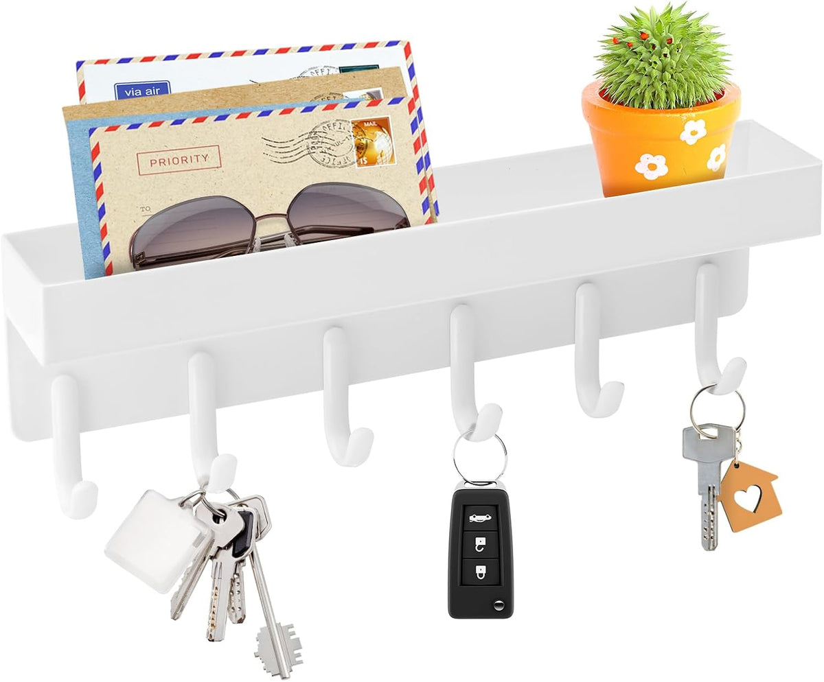 VIS'V Key Holder Wall Mount, Adhesive Key Rack with Tray, 6 Hooks, White