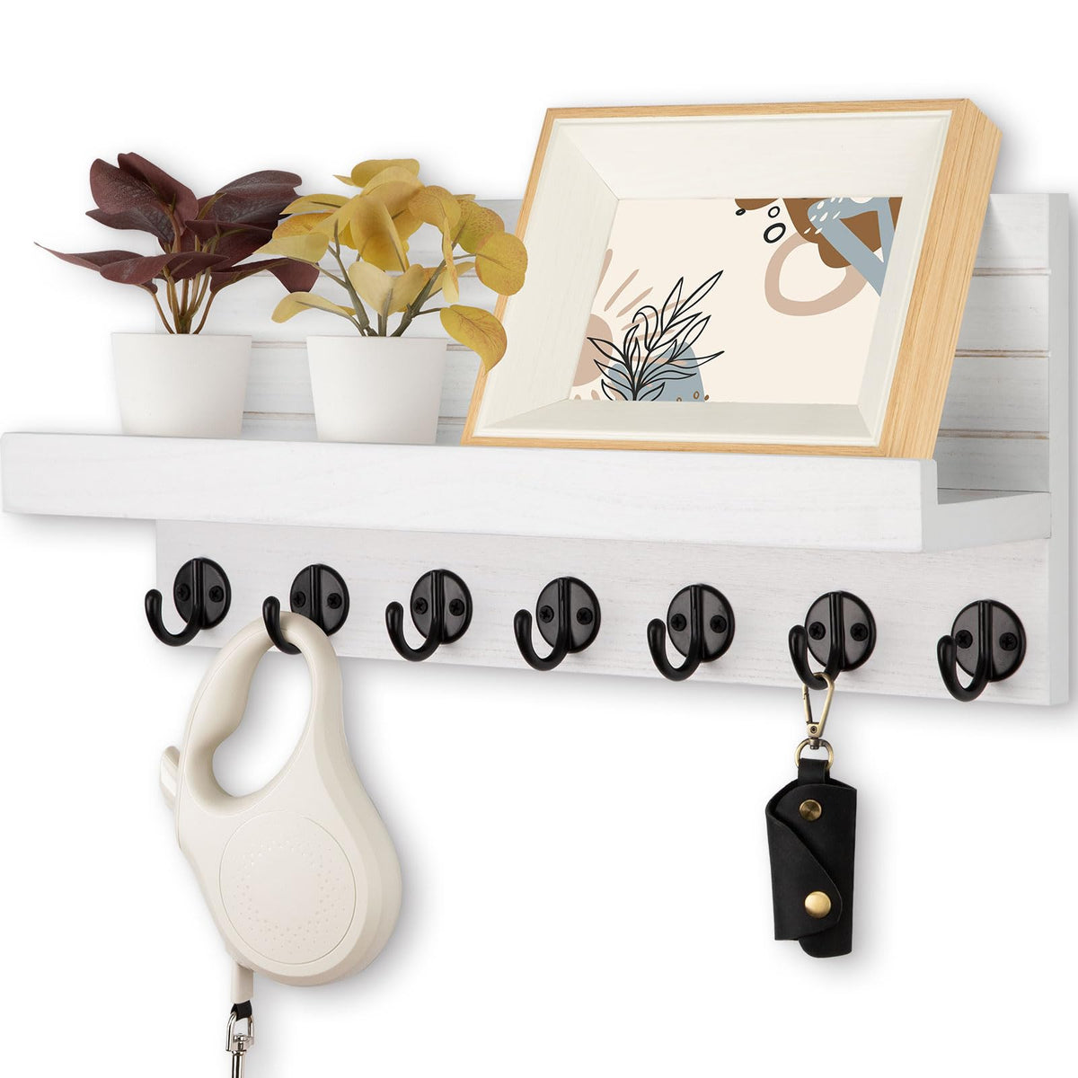Lwenki Key Holder Wall Mount, Entryway Key and Mail Holder with 7 Sturdy Hooks for Sunglasses, Dog Leash, Decorative Wall Shelf with Mounting Hardware, 15”W x 6.7”H x 4.2”D