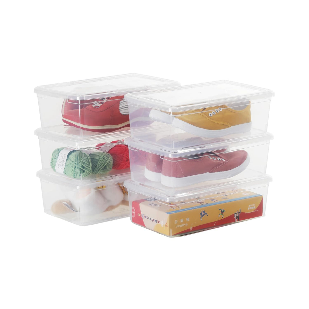 Stackable Plastic Storage Shoebox, BPA-Free Nestable Container with Latching Lid to Organize Shoes, See-Through Box for Home and Office, Multi-Purpose Clear Bins (12 Pack 6 Quart)