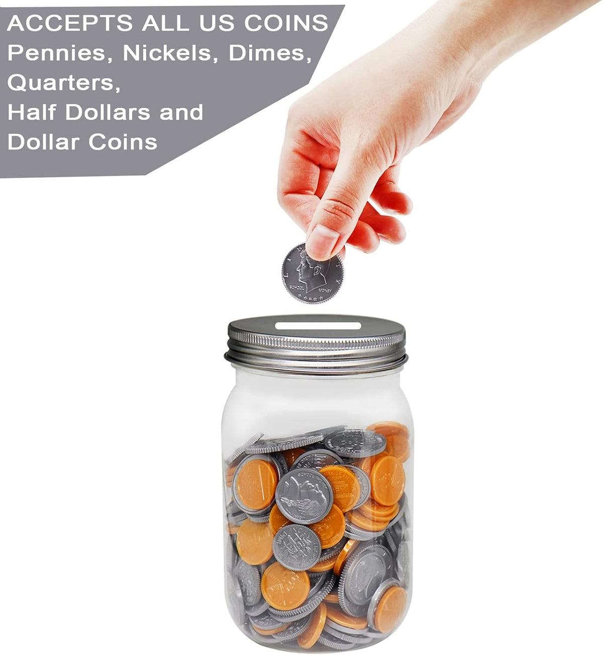 Small Coin Bank Jars 4-Pack, 16oz Clear Plastic Coin Money Tip Coin Jars with Silver Slotted Lids, Small Clear Plastic Coin Money Piggy Banks Mason Jars for Adults Teens Kids Girls Boys