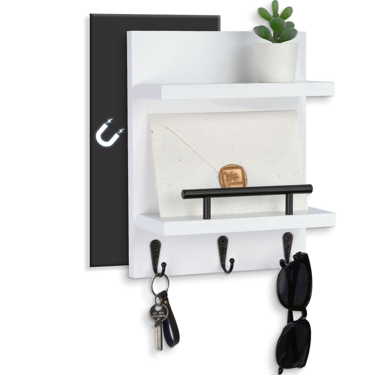 Magnetic Key Holder Wall Mount, Mail Shelf Decor with 3 Key Hooks
