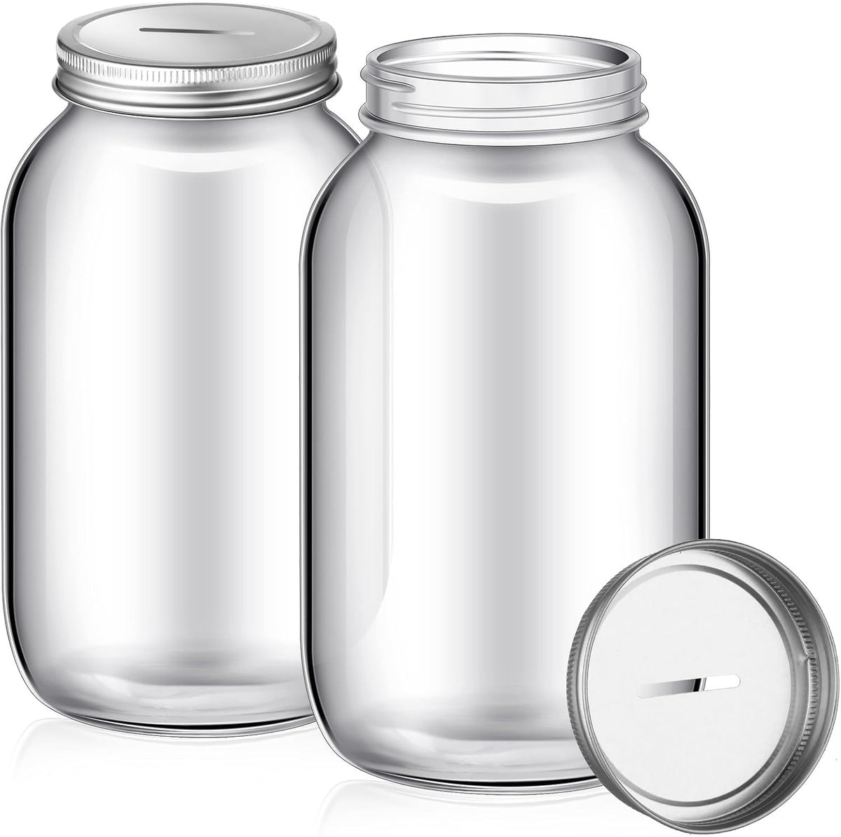Skylety 2 Pack Large Clear Glass Coin Bank with Slotted Silver Lid - Adults Money Saving Tip Jar for Kids Raffle Ticket Drawing Fund Box