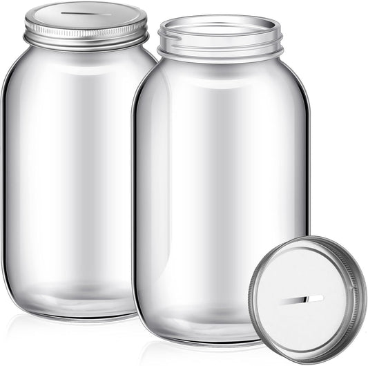 Skylety 2 Pack Large Clear Glass Coin Bank with Slotted Silver Lid - Adults Money Saving Tip Jar for Kids Raffle Ticket Drawing Fund Box