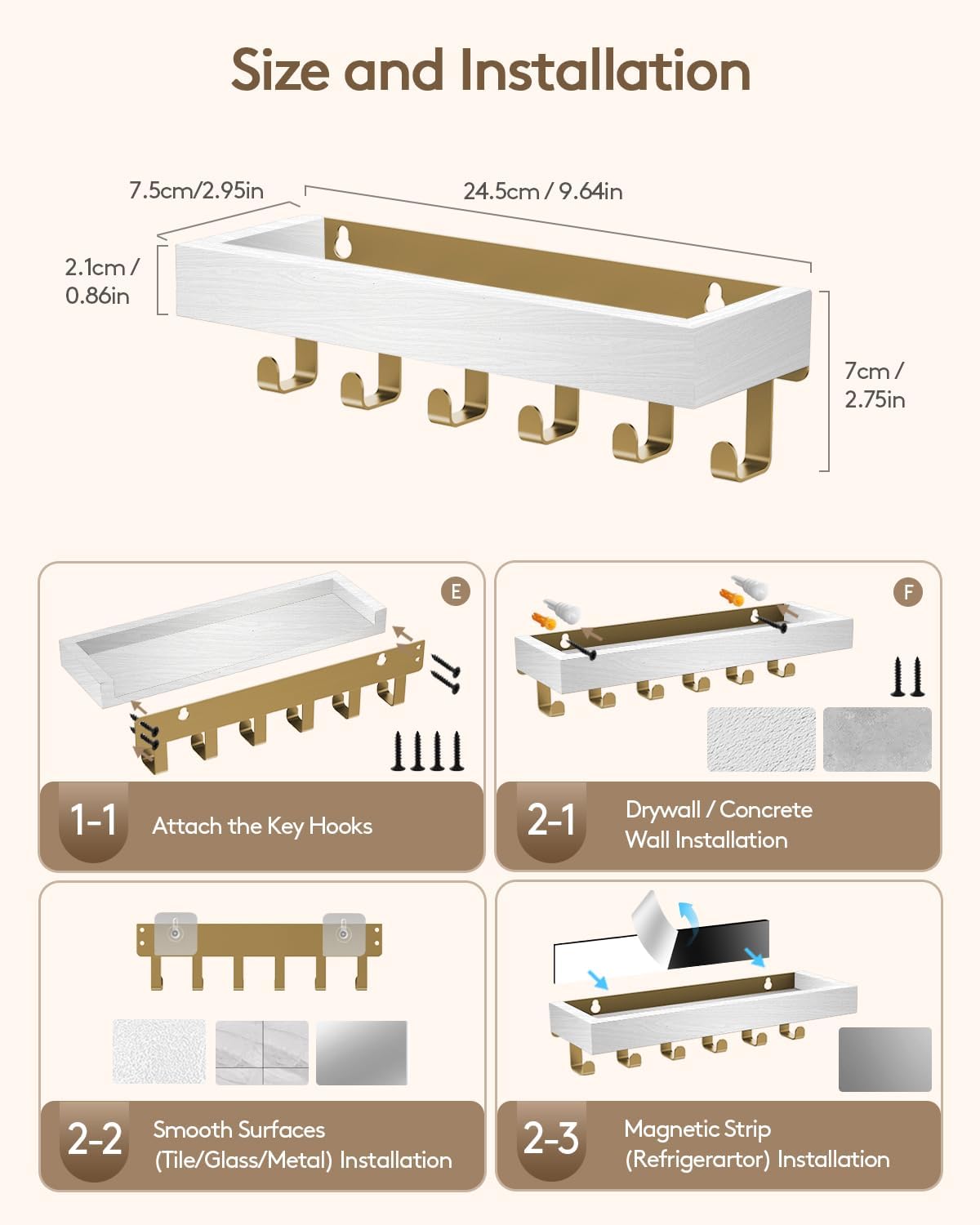 Key Holder Wall Mount Magnetic Adhesive, Key Hooks Rack with Shelf