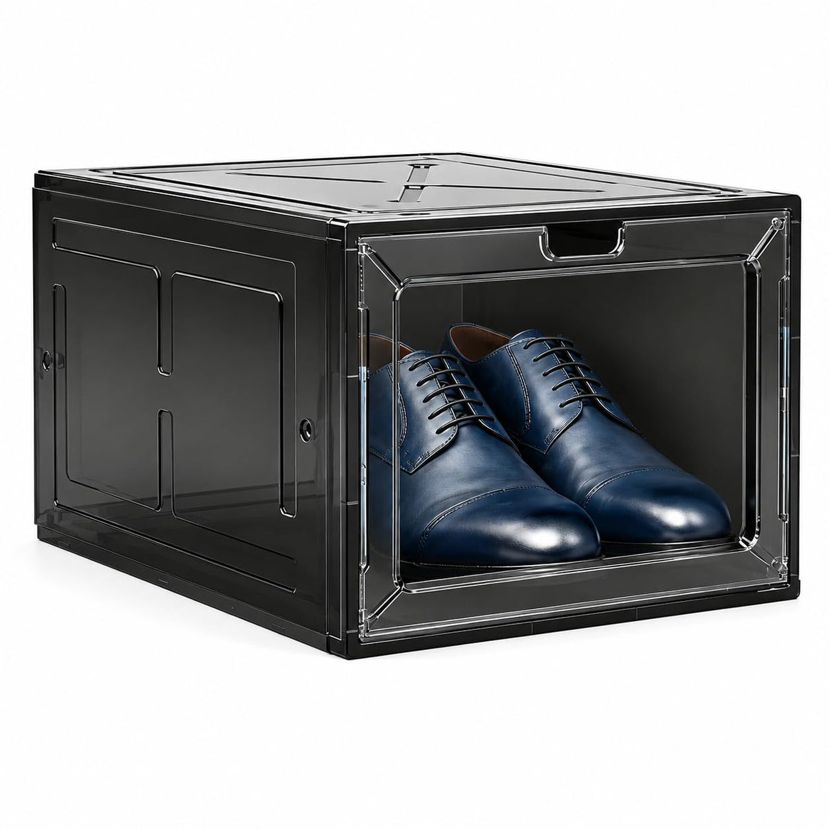 6 Pack Large Drop-Front Black Transparent Shoe Boxes, Stackable Sneaker Storage Container for Closet, Fits US Size 13+, Magnetic Front Door, Heavy-Duty Reinforced Plastic Shoe Organizer