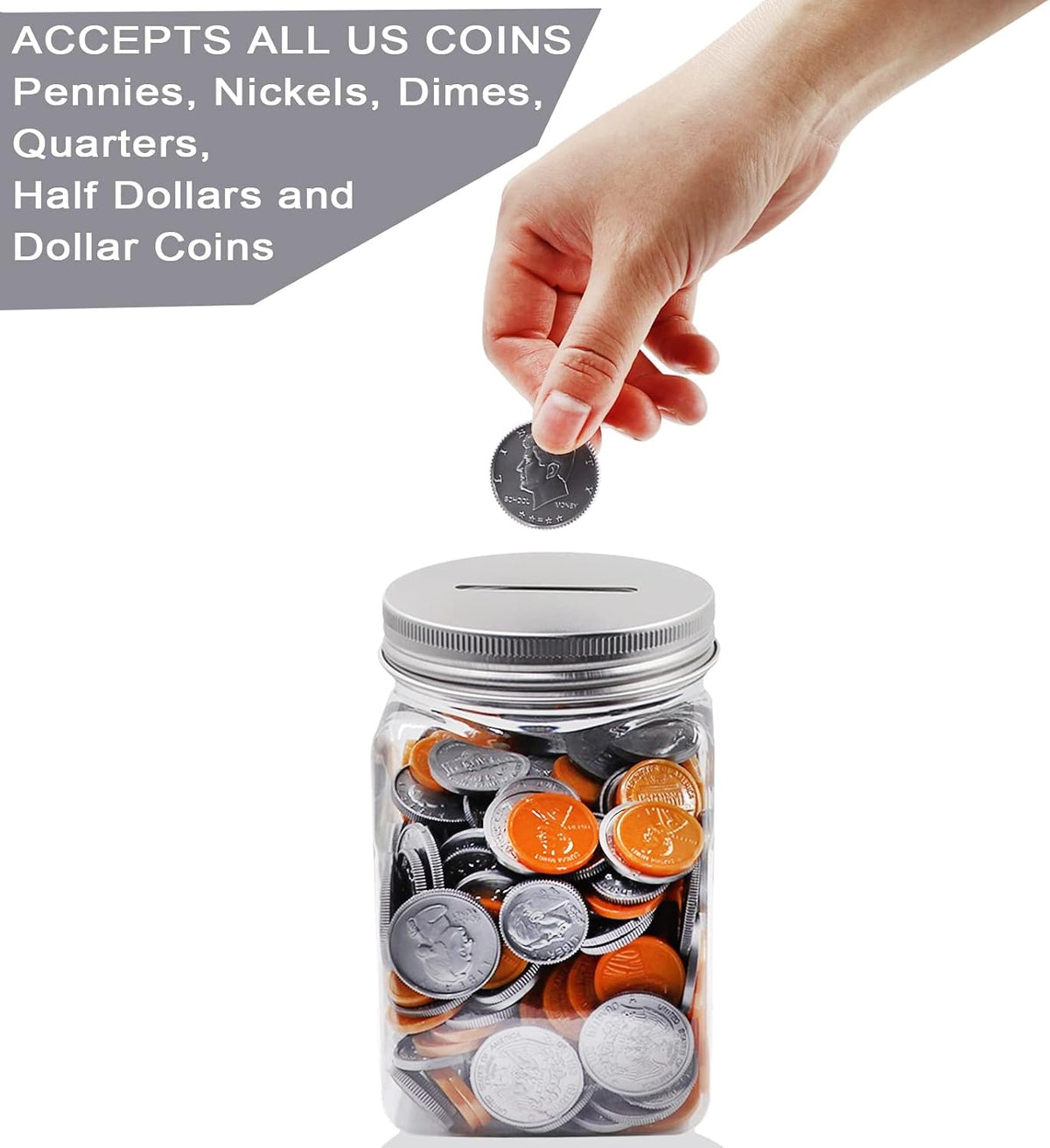 Small Coin Bank Jars 4-Pack, 16oz Clear Plastic Coin Money Tip Coin Mason Jars with Silver Slotted Lids, Small Transparent Plastic Coin Money Piggy Banks Jars for Adults Teens Kids Girls Boys
