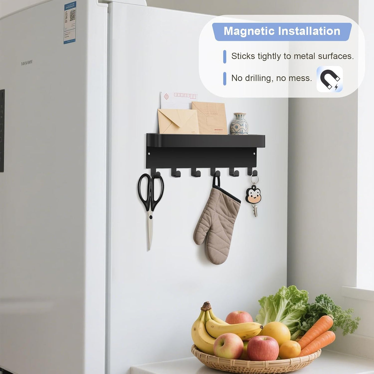 RELBRO Magnetic Key Holder for Fridge, Key Rack with Shelf, Black