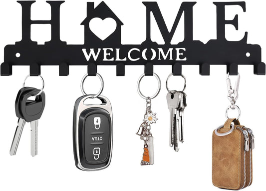 Key Holder Wall Mount, Adhesive Key Hanger with 10 Hooks, Black