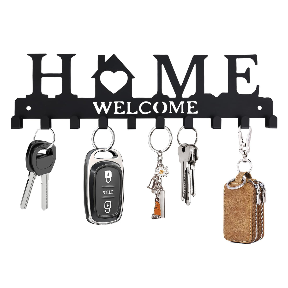 Key Holder Wall Mount, Adhesive Key Hanger with 10 Hooks, Black
