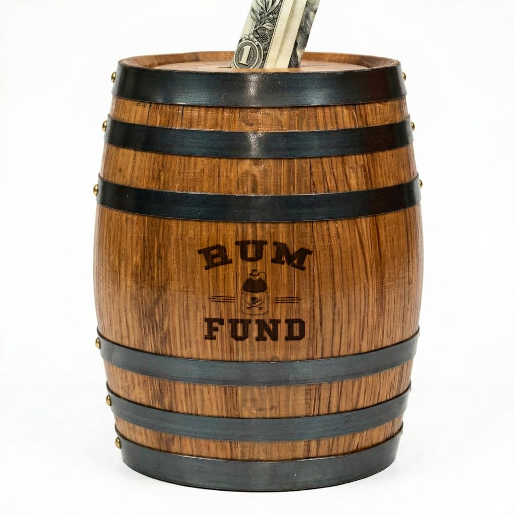 Handmade Wooden Oak Whiskey Barrel Piggy Bank for Adults, Money Saver