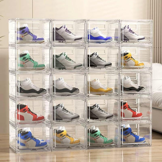Transparent plastic shoe box, stackable storage box, with flip-up front door, 4-piece set, suitable for organizing shoes on closet shelves