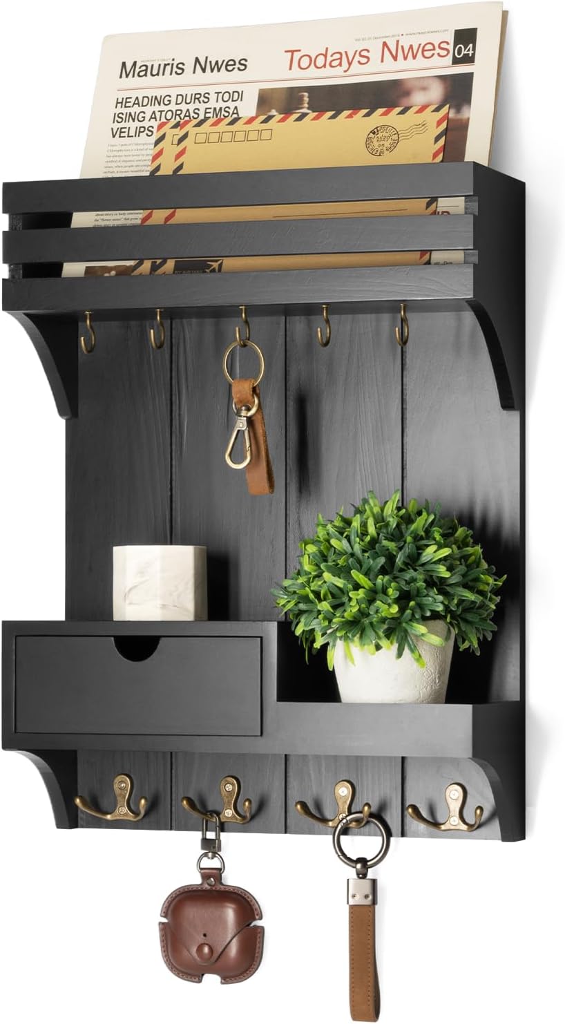 Rebee Vision Key Holder Wall Mount with 9 Key Hooks for Home Decor, Black